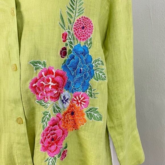 Nygard Collection Lime Green Linen Top Cottagecore Artsy Beachy Office Size 10 - Picture 7 of 8
